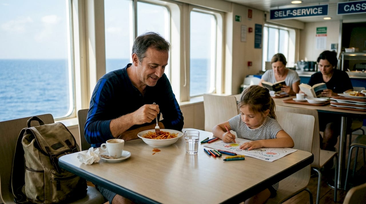 Una cena in famiglia al ristorante della nave Grimaldi Lines: il piacere di condividere un momento speciale insieme, tra piatti gustosi e l’atmosfera unica del viaggio sul mare.