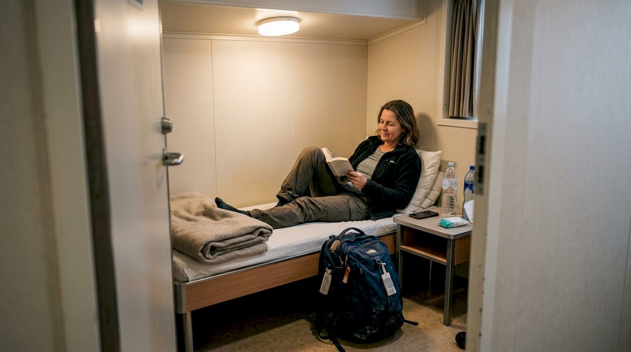 Una mujer disfruta de la lectura tranquilamente en el interior de un ferry.