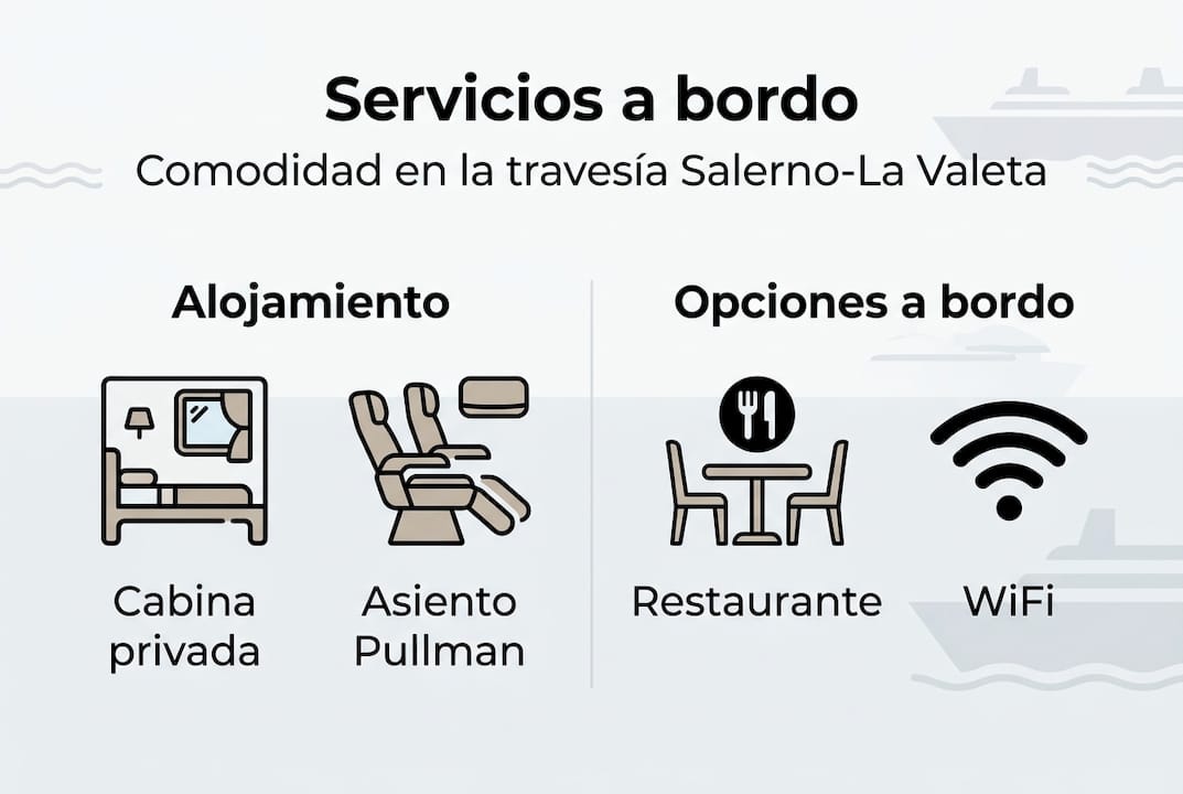 Resumen visual de los principales servicios del ferry entre Salerno y La Valeta