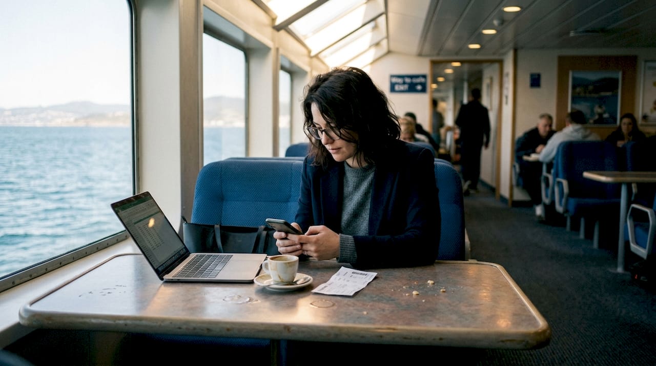 Ferry passenger using laptop aboard ship