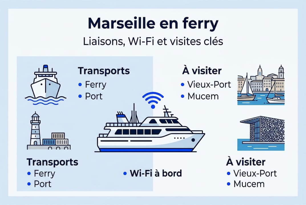 Découvrez notre infographie dédiée aux traversées en ferry, à la connexion Wi-Fi à bord et aux incontournables visites à Marseille.