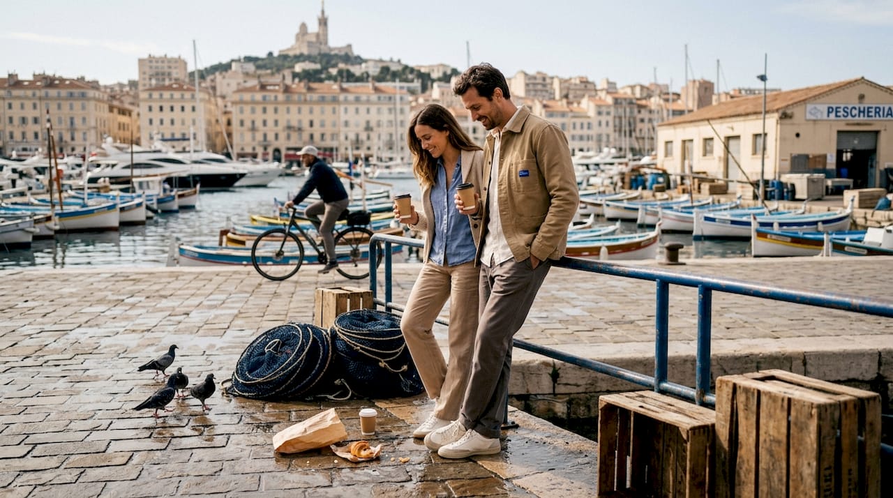 Mattina al Vieux-Port di Marsiglia: il sole che si riflette sull’acqua, i pescatori che rientrano con le prime cassette di pesce fresco e le caffetterie che iniziano a riempirsi di gente del posto e turisti. Un’atmosfera vivace e autentica che solo il porto antico di Marsiglia sa regalare.