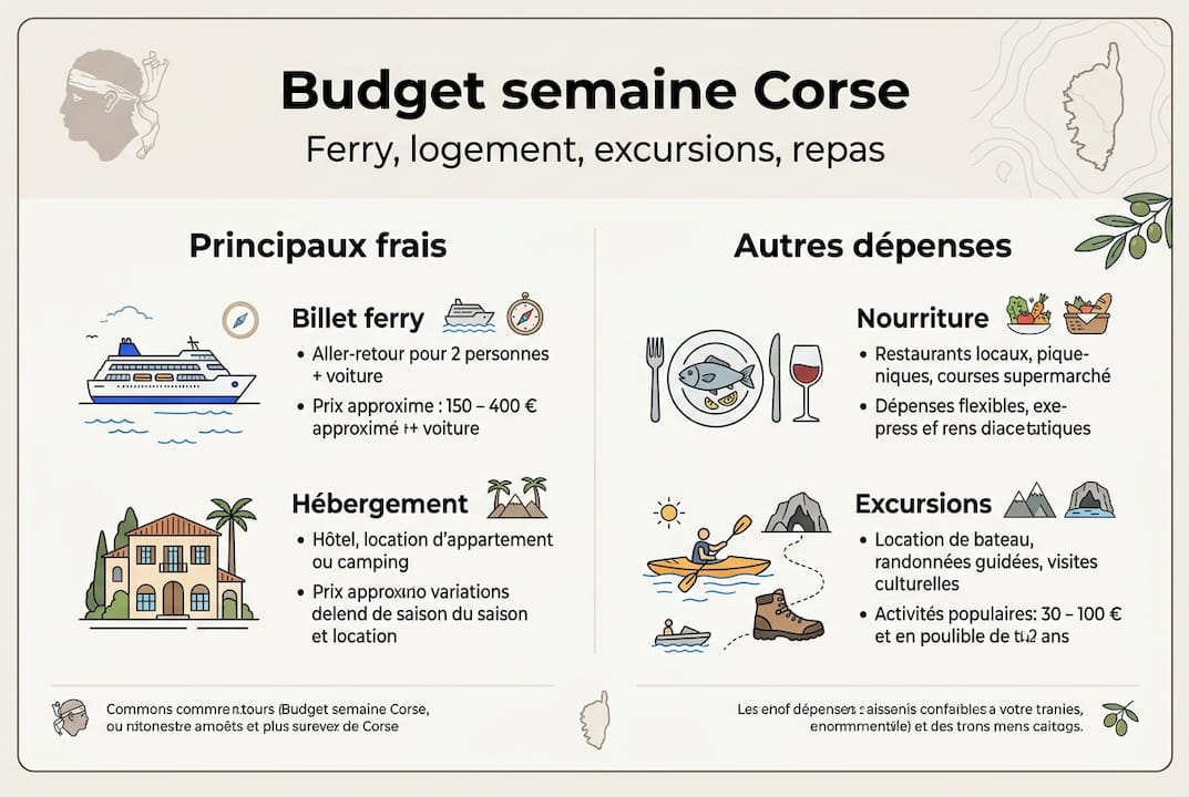 Aperçu du budget pour une semaine en Corse, traversée en ferry comprise (infographie)