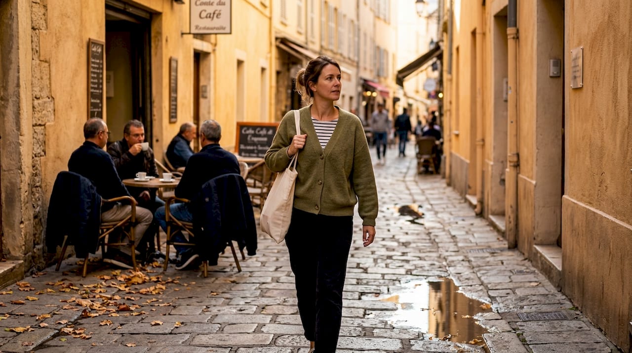 Una mujer pasea tranquilamente por una calle silenciosa de Ajaccio en pleno otoño.