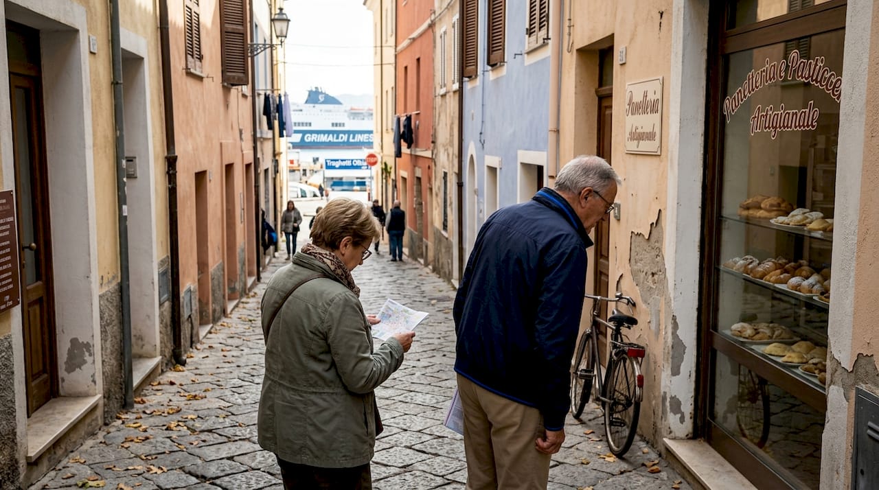 Una coppia passeggia tra le vie del centro storico di Olbia nelle prime ore del mattino, curiosando tra i vicoli e lasciandosi sorprendere dal fascino della città ancora silenziosa.