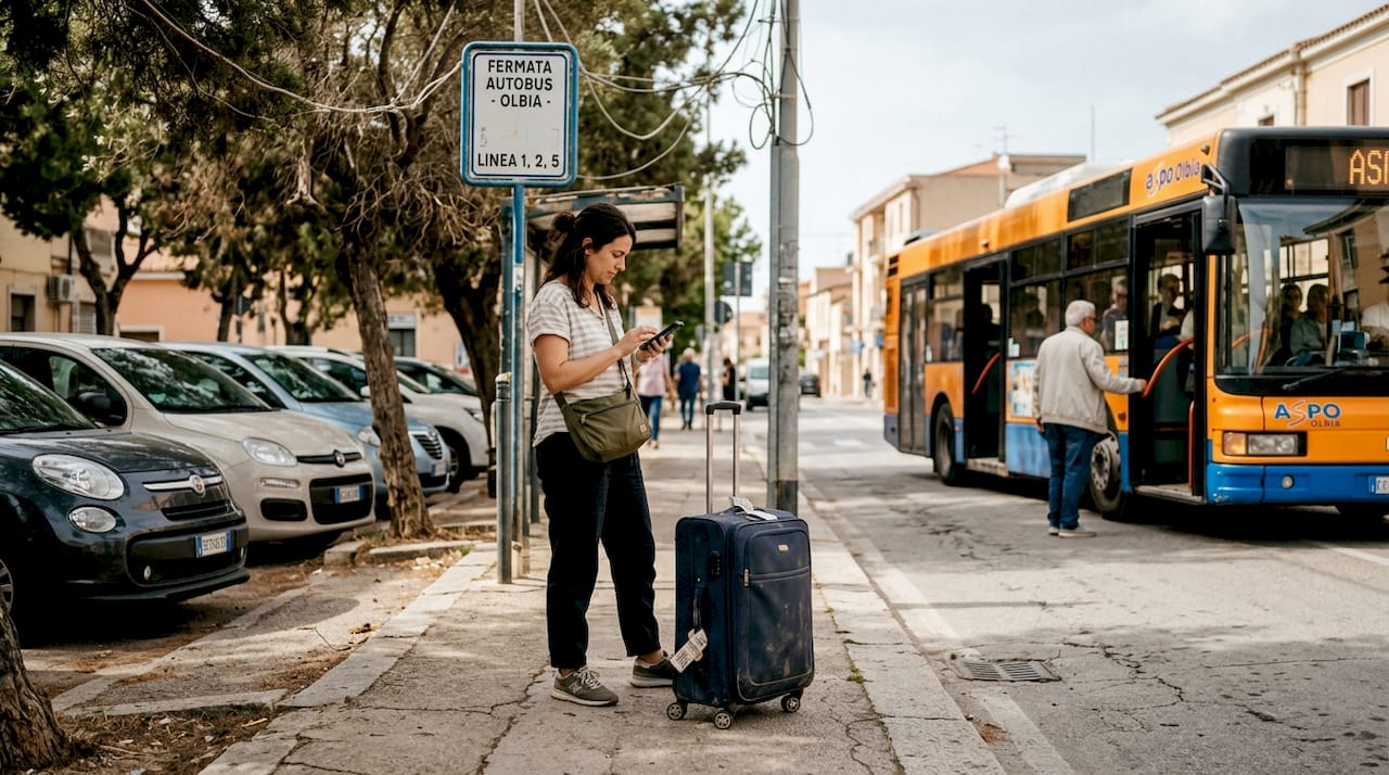 Traveler waiting by Olbia bus stop and rental cars