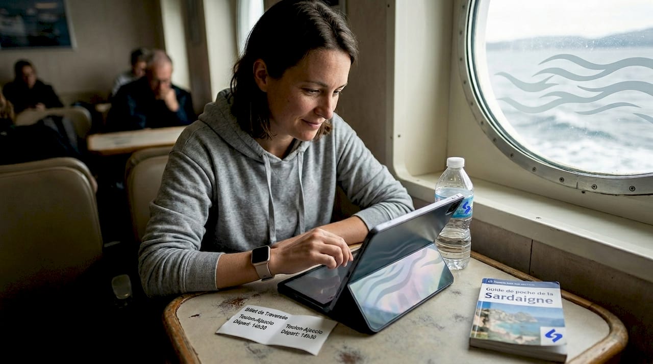 Une femme profite du Wi-Fi à bord d’un ferry