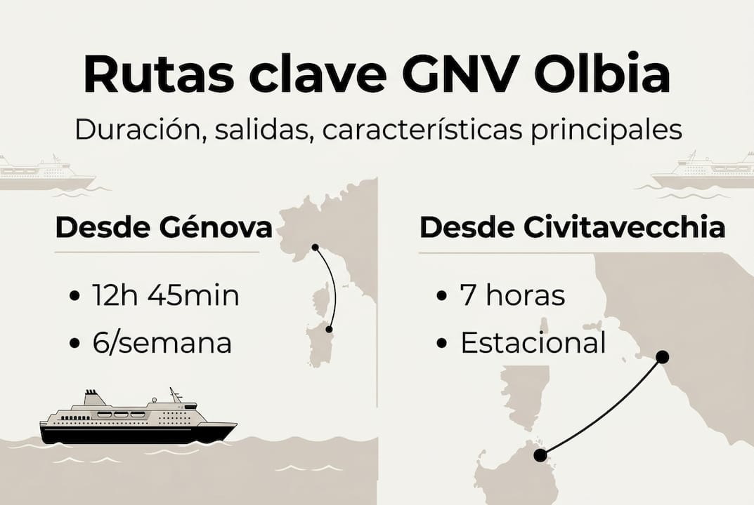 Mapa informativo de las rutas principales de ferry de Olbia operadas por GNV