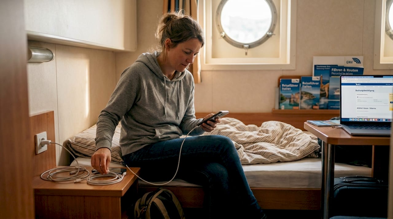Ein Reisender lädt sein Handy in der Kabine auf, während die Fähre unterwegs ist.