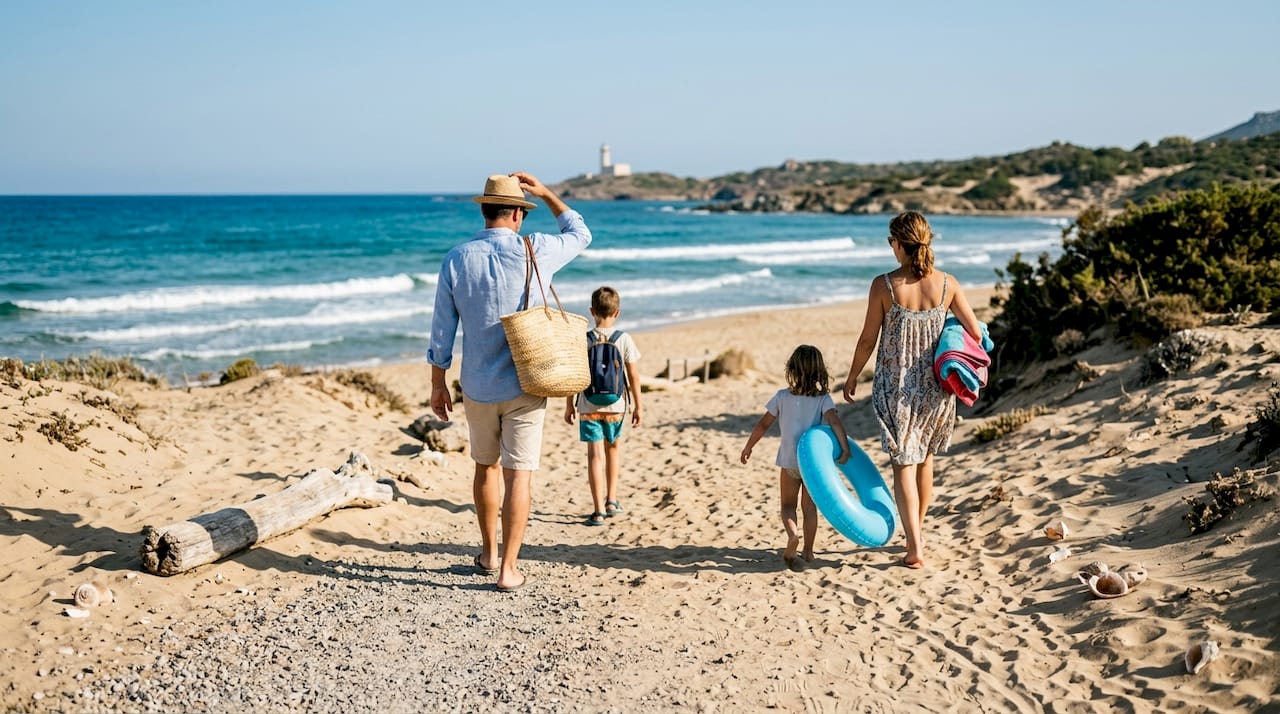 Una familia llega a la playa de Chia para disfrutar del verano.