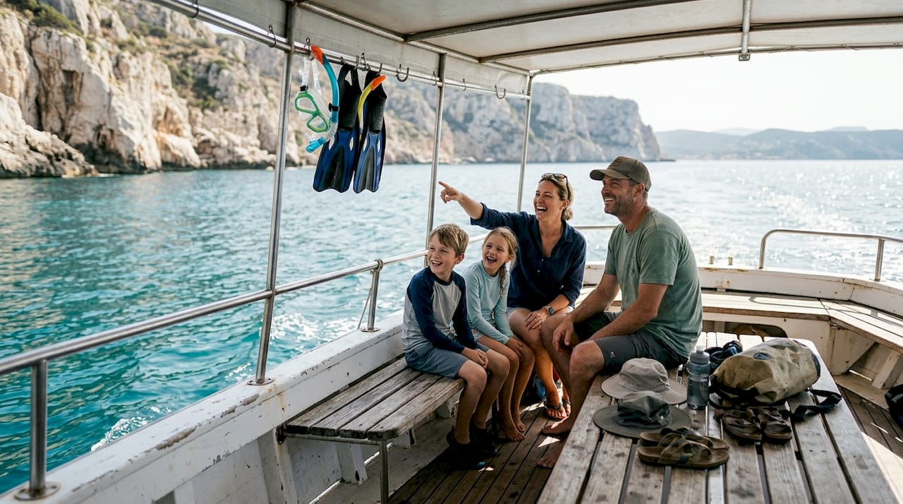 Family enjoying boat tour in Gulf of Cagliari