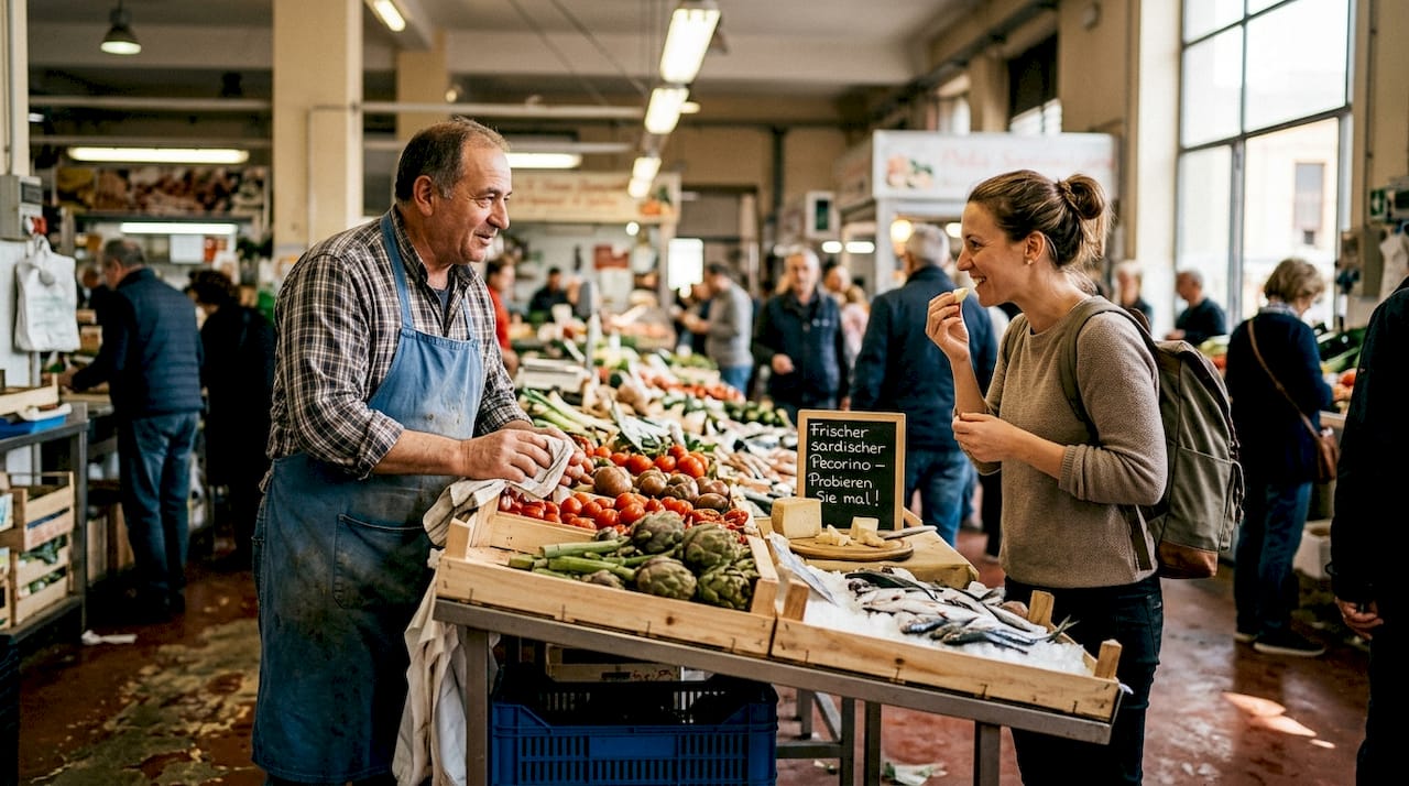 Ein Markthändler auf dem San Benedetto Markt teilt frisches Obst und Gemüse mit den Besuchern.