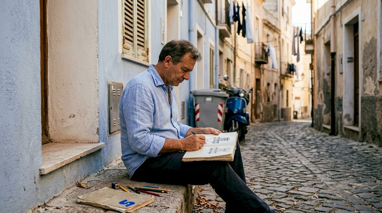 Un artiste en plein croquis au cœur du centre historique de Cagliari.