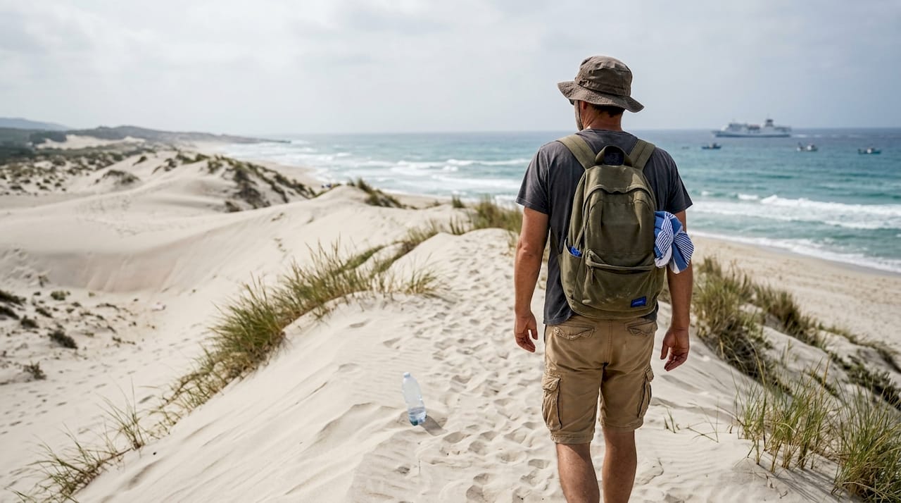 Viaggiatore che attraversa le dune di sabbia di Scivu, in Sardegna