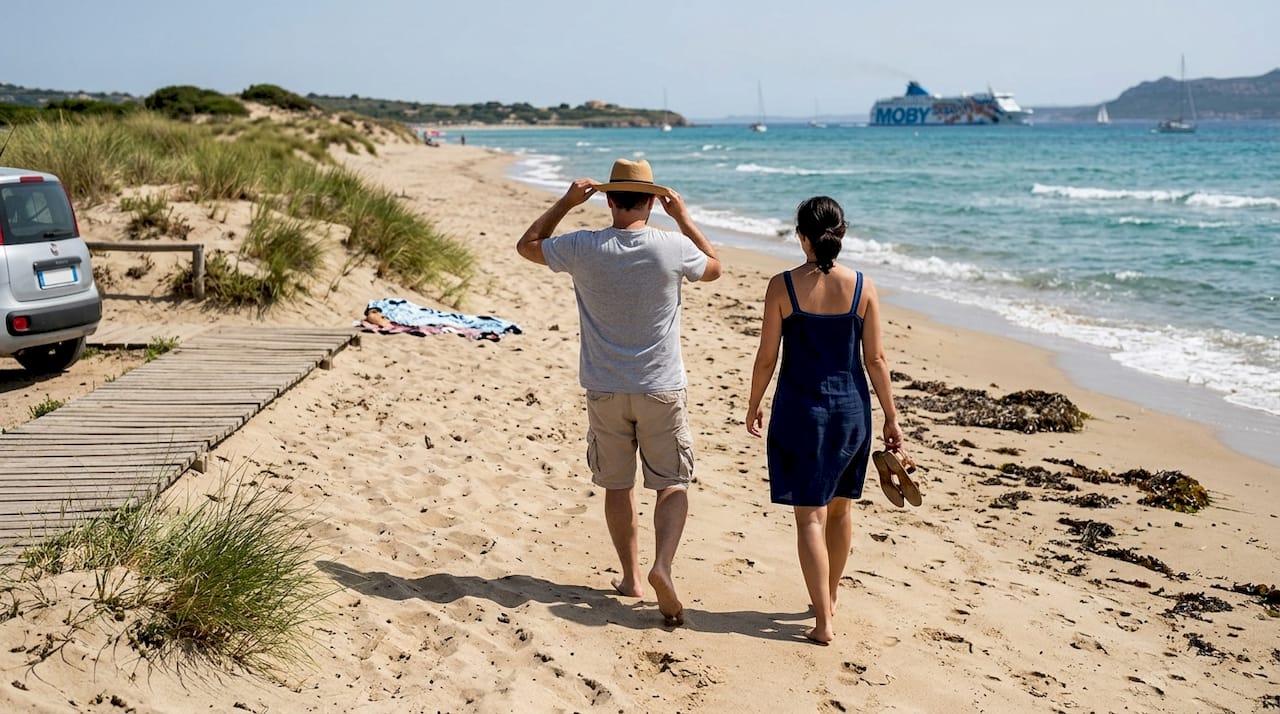 Una coppia passeggia mano nella mano lungo la riva di una spiaggia sarda, lasciandosi accarezzare dai colori e dai profumi del mare.