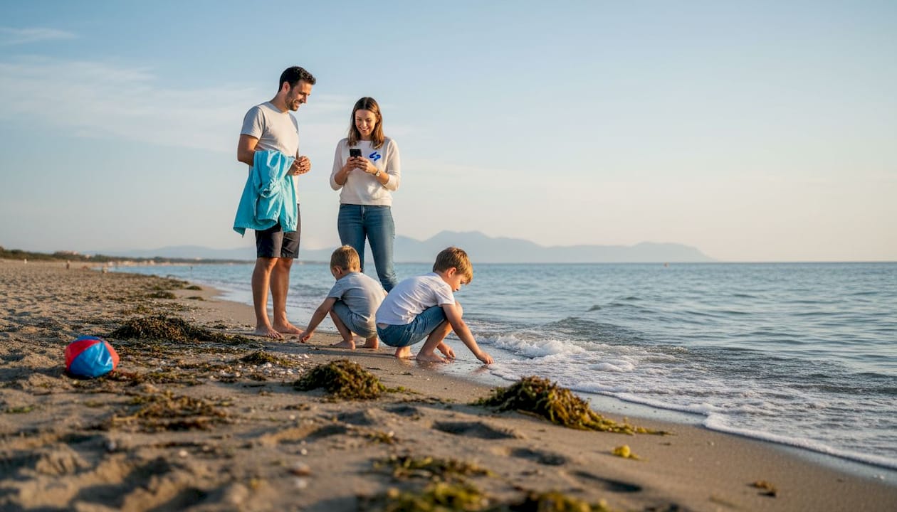 Une famille profite d’une balade sur la plage de Rena Bianca en Corse, admirant la vue splendide sur la mer.