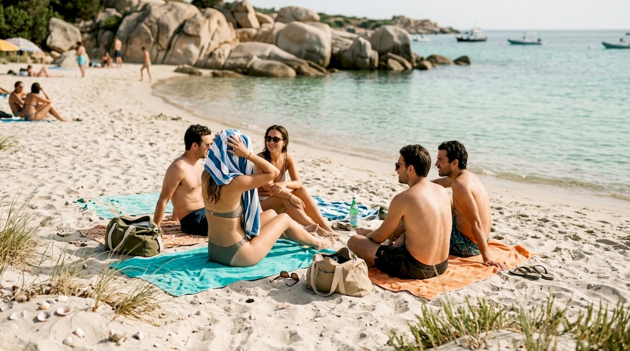 Un grupo de amigos relajándose y disfrutando del sol en la playa Spiaggia del Principe.