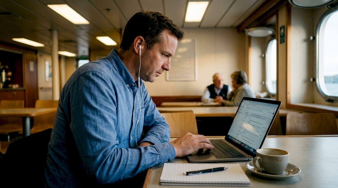 Passenger working remotely in ferry café