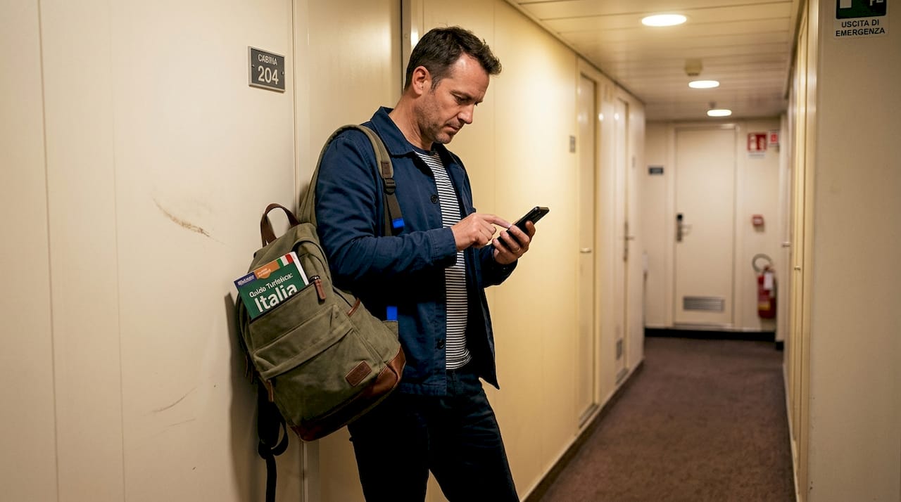 Viaggiatore verifica la sicurezza della rete Wi-Fi direttamente dal suo smartphone