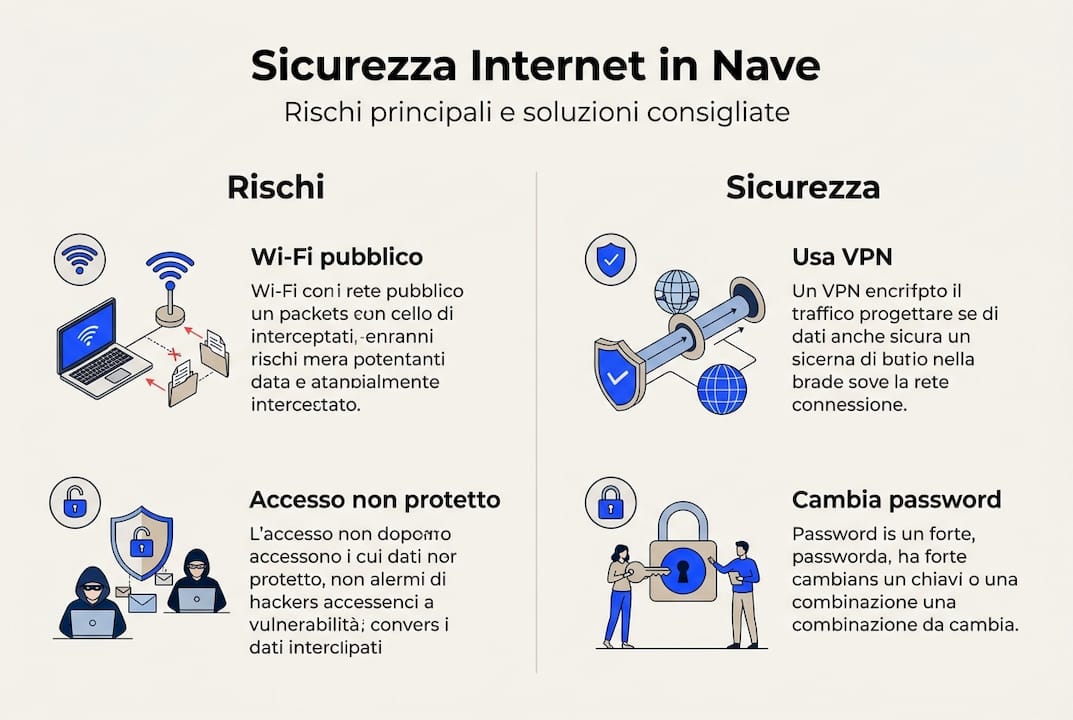 Infografica: principali rischi informatici a bordo e strategie per la sicurezza digitale in navigazione