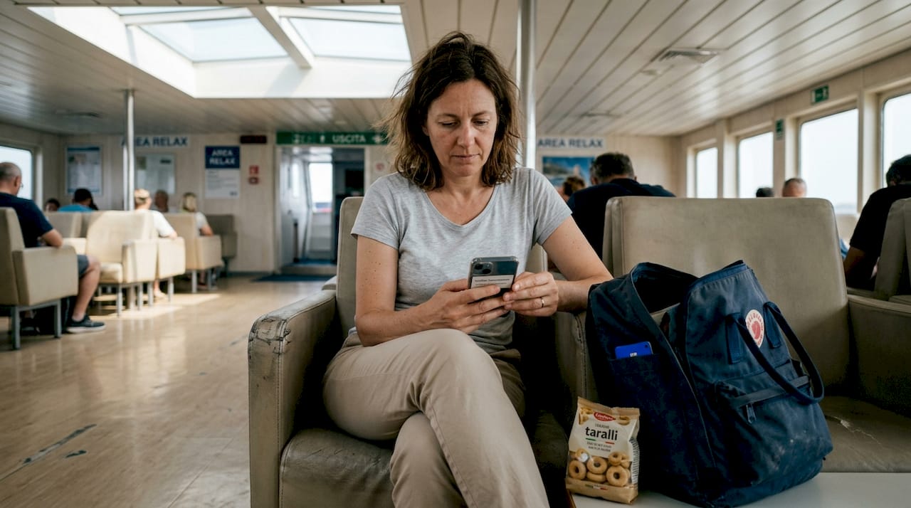 Donna prova la connessione Wi-Fi sullo smartphone durante la traversata in traghetto