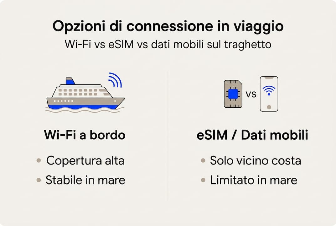 Infografica: confronto tra Wi-Fi a bordo, eSIM e dati mobili su traghetti