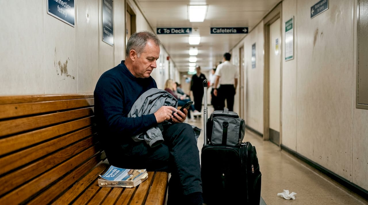 Man checking Wi-Fi settings on ferry bench