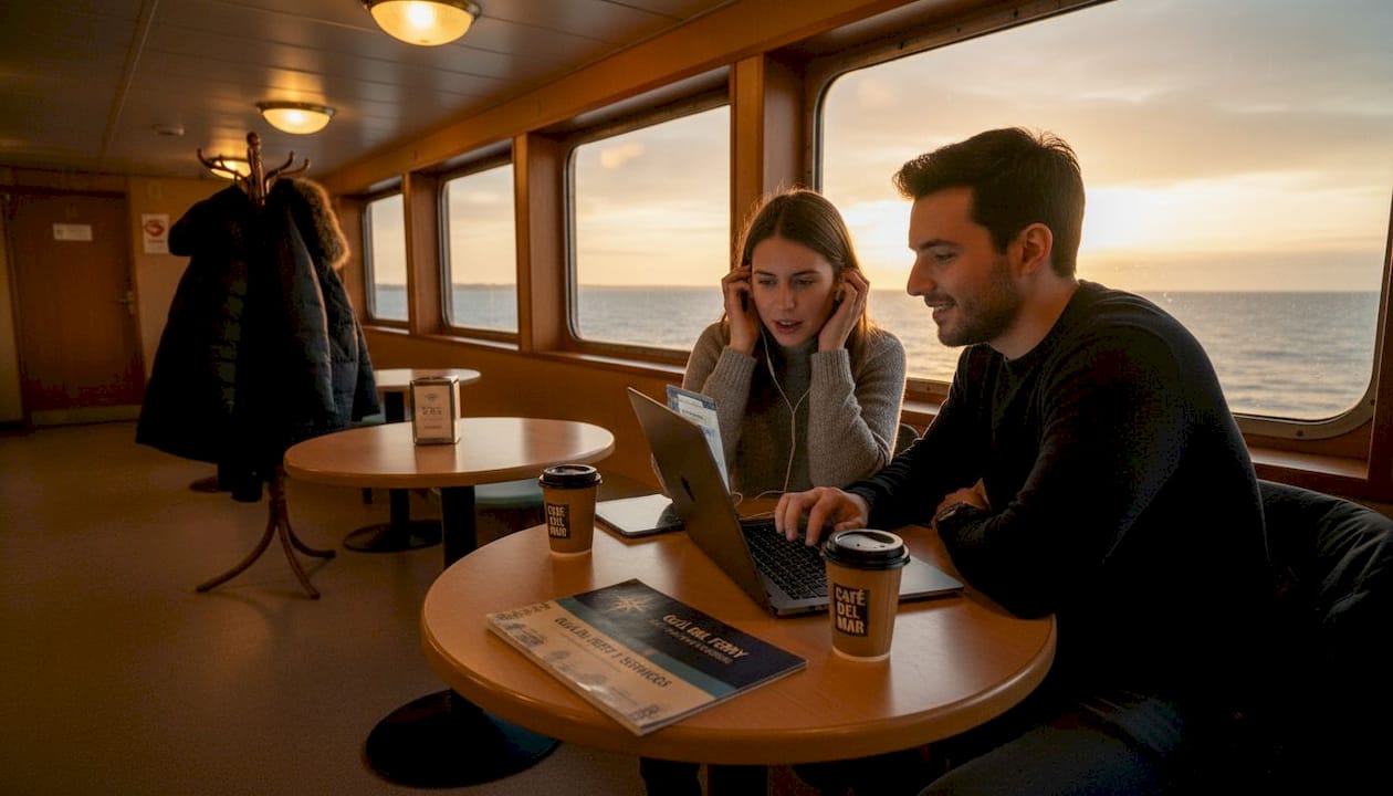Viajeros conectados al Wi-Fi mientras descansan en la sala común del ferry
