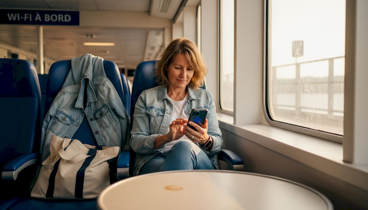 Une femme se connecte au Wi-Fi du ferry depuis son smartphone.