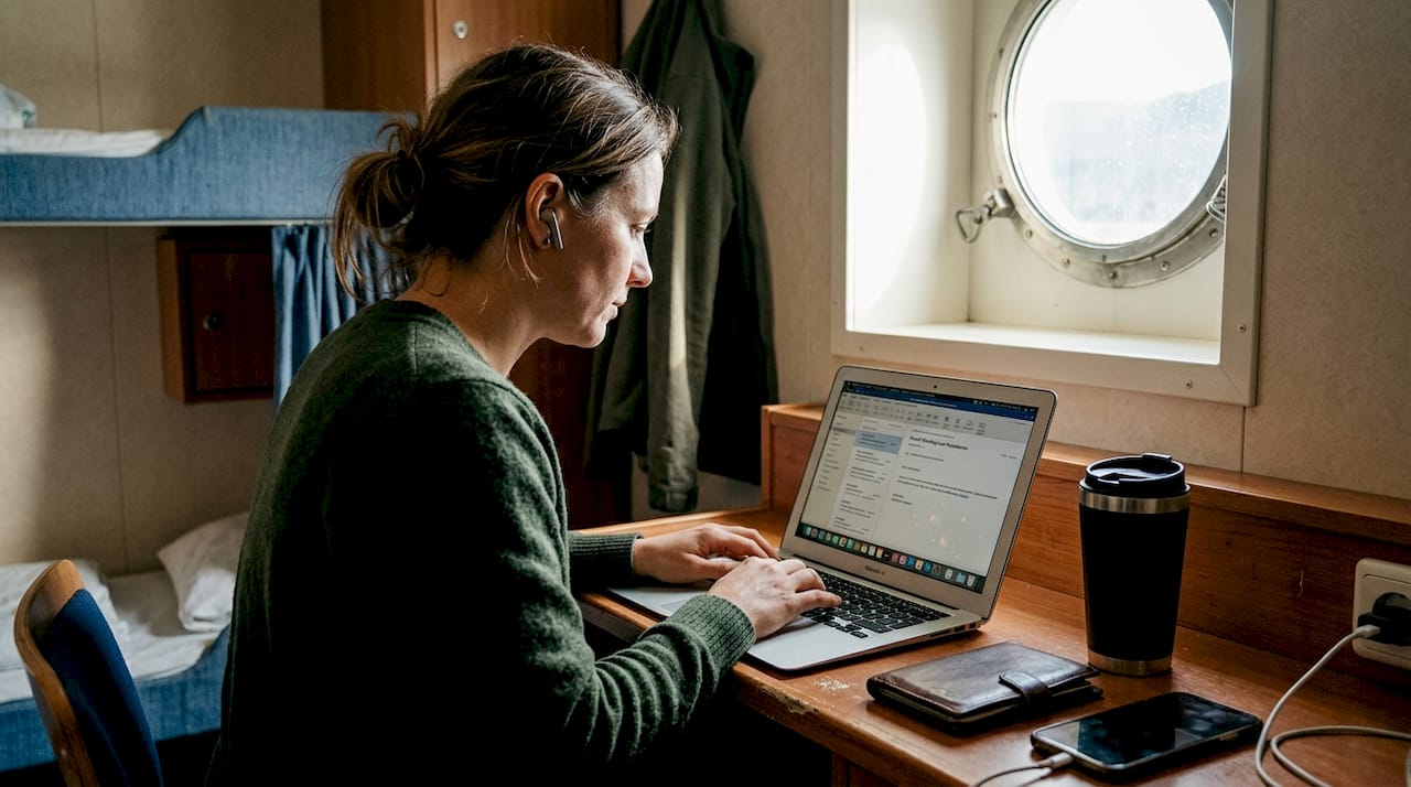 Eine Frau verbindet ihren Laptop mit dem WLAN an Bord der Fähre.