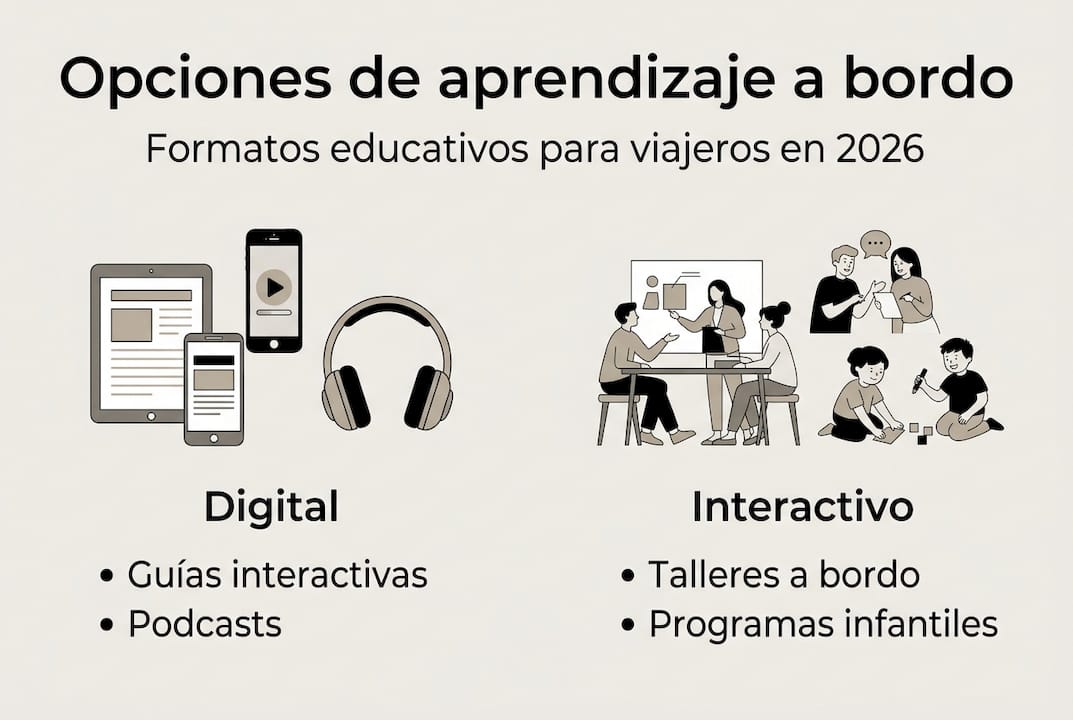 Infografía sobre las diferentes formas de contenido educativo disponibles a bordo