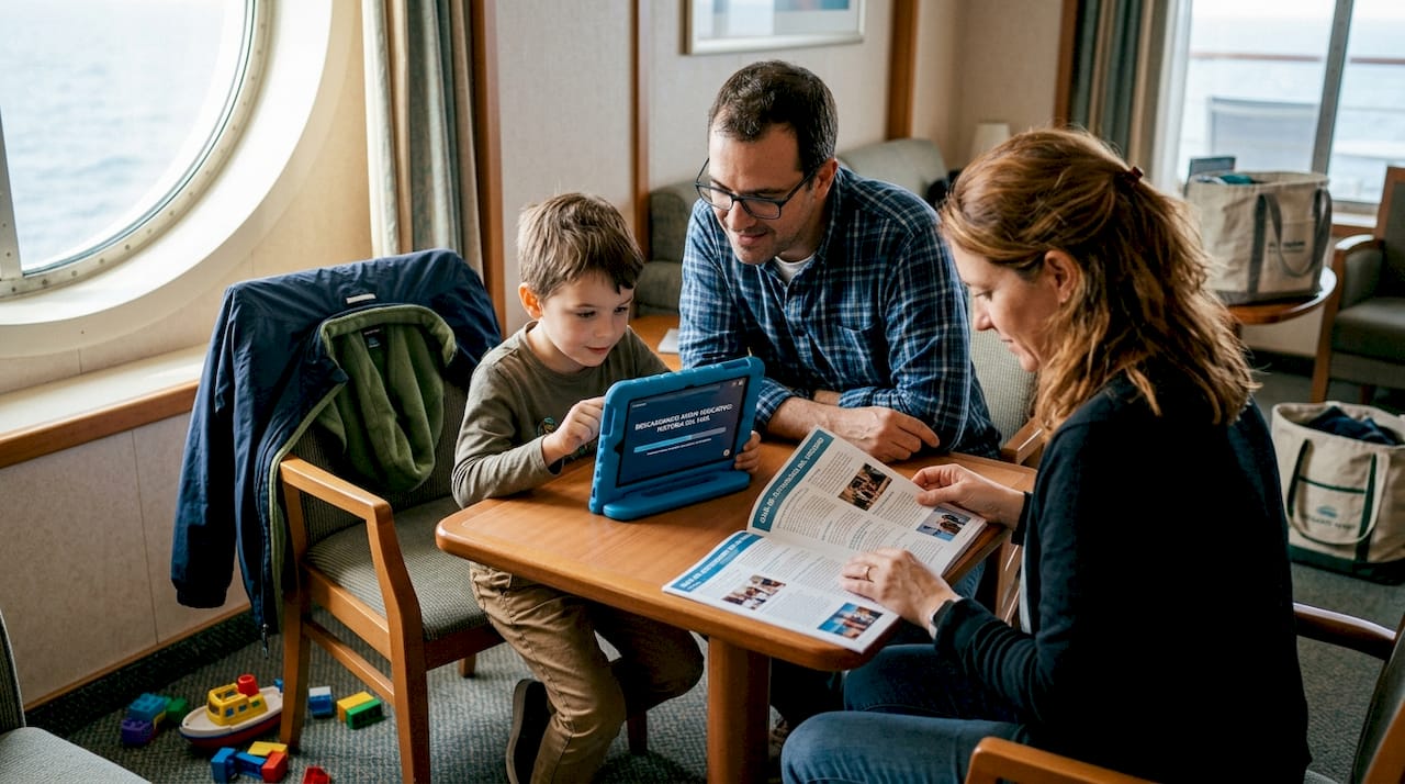 Una familia disfruta aprendiendo juntas mientras navegan en un crucero.