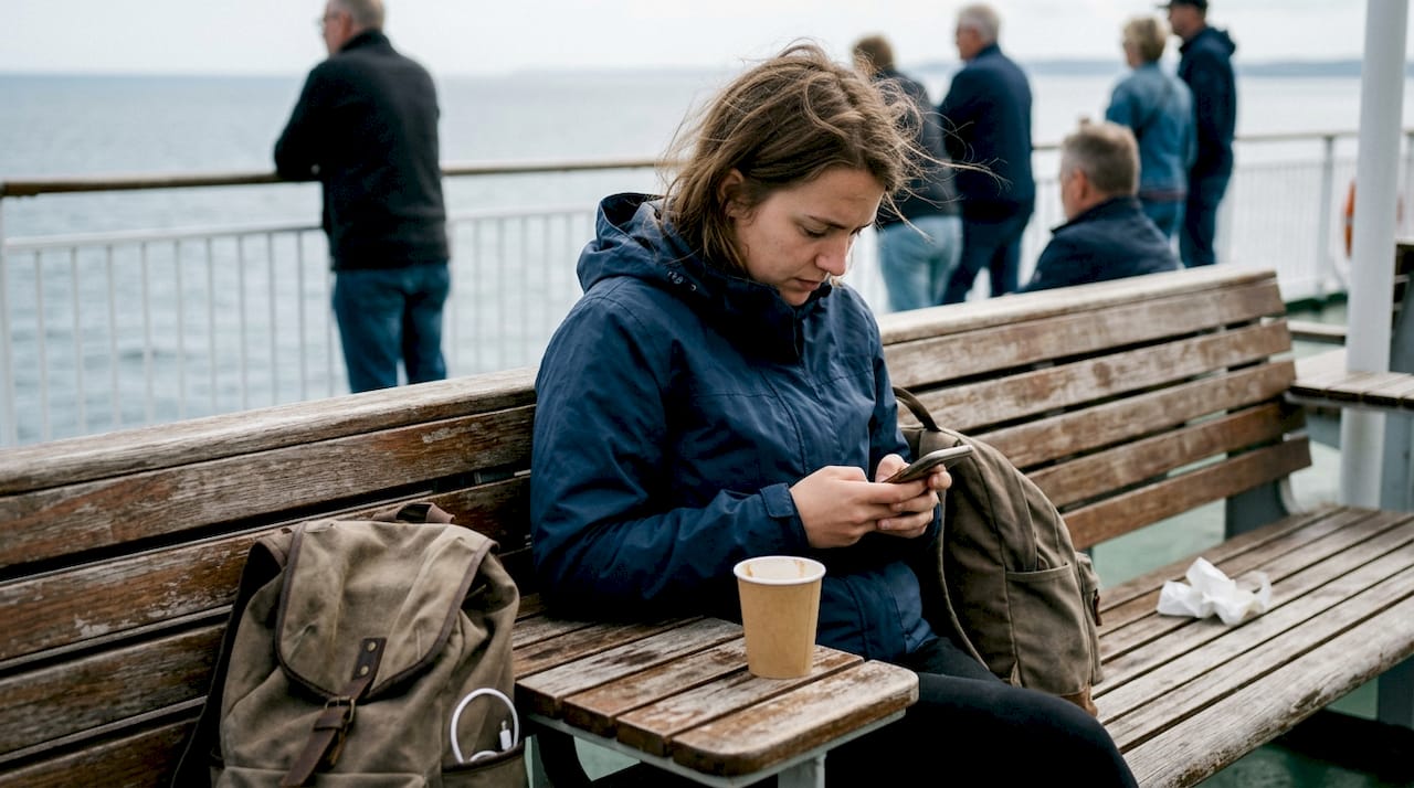 Eine Frau überprüft draußen auf dem Deck, ob sie eine Internetverbindung hat.