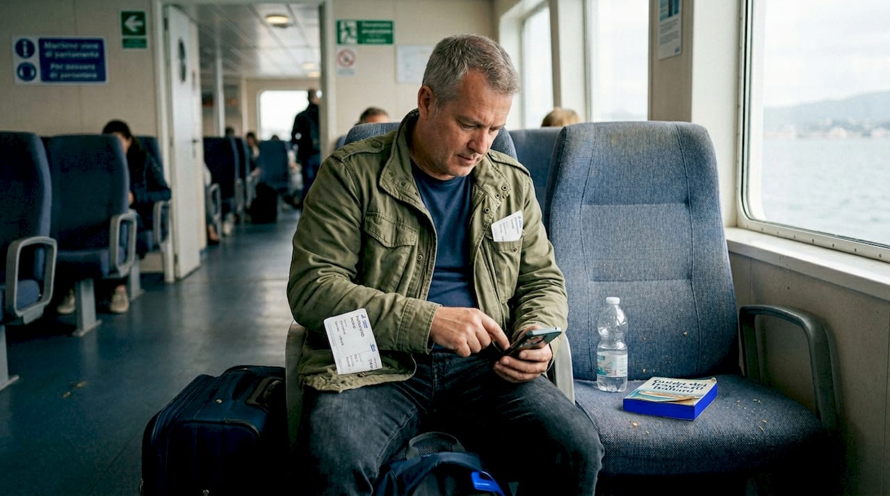 Uomo che controlla gli orari e le informazioni di viaggio prima di salire sul traghetto