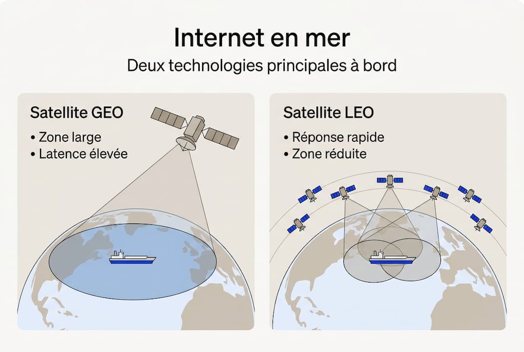 Visuel explicatif sur l’accès à Internet en mer : panorama des différentes familles de satellites