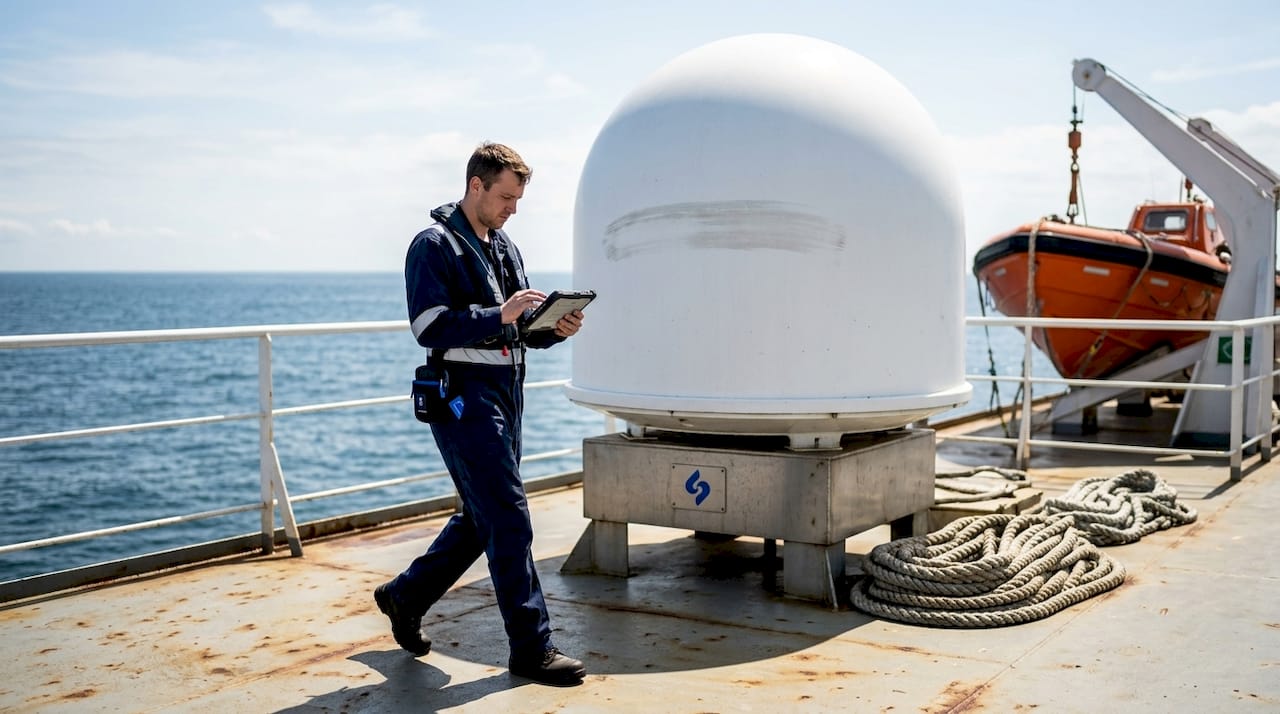 Un membre d’équipage se tient près du dôme satellite sur le pont du ferry.