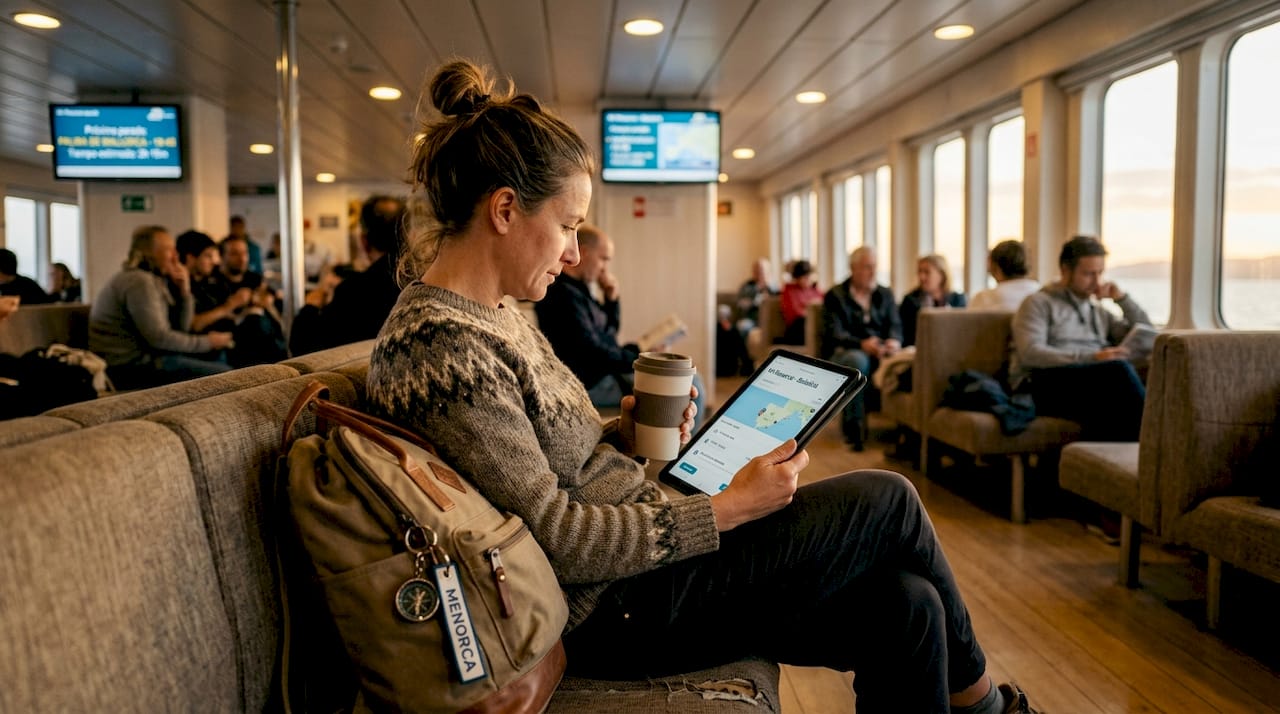 Mujer revisando notificaciones sobre el estado del ferry en su móvil