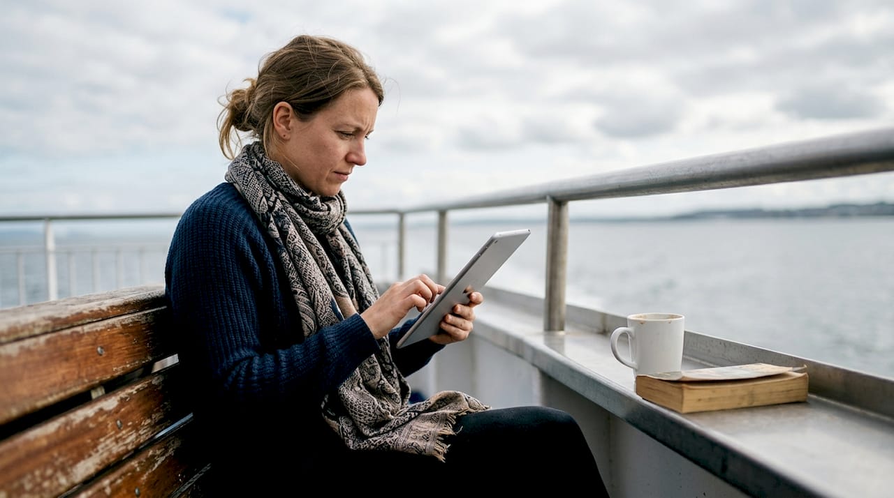 Eine Frau startet ihr Tablet auf dem Deck einer Fähre neu.