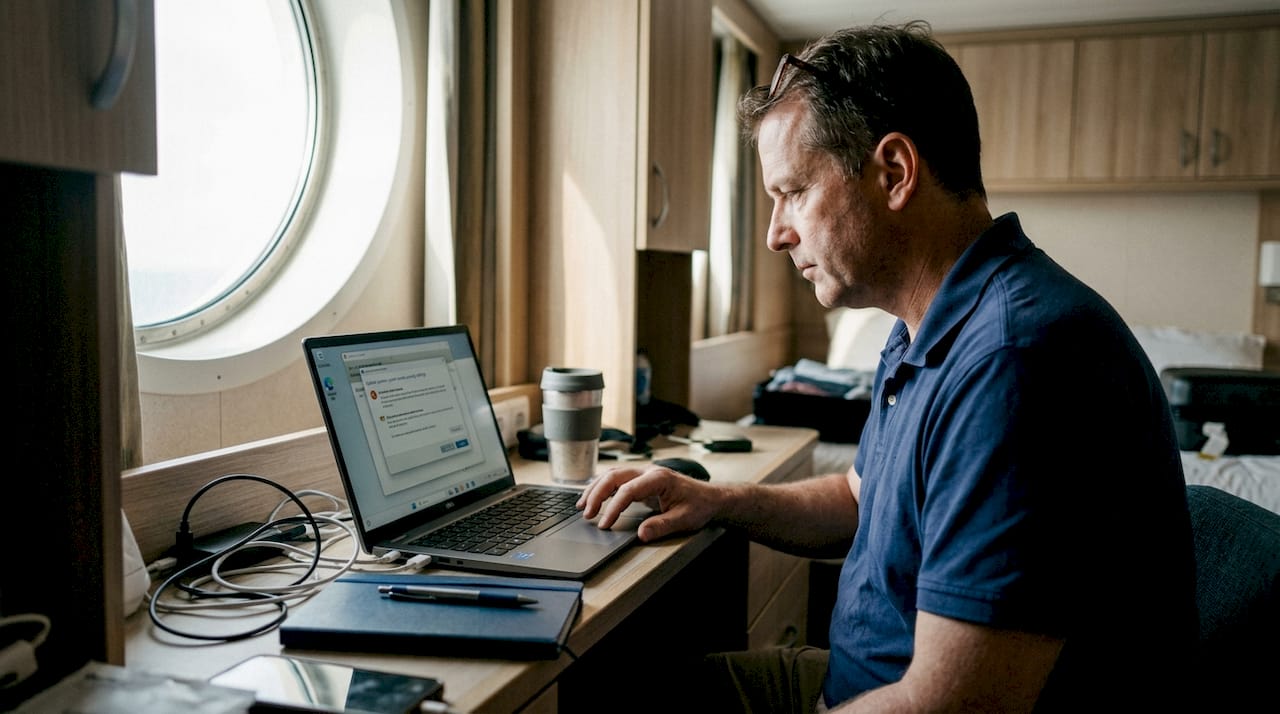 Person updating laptop security in cabin