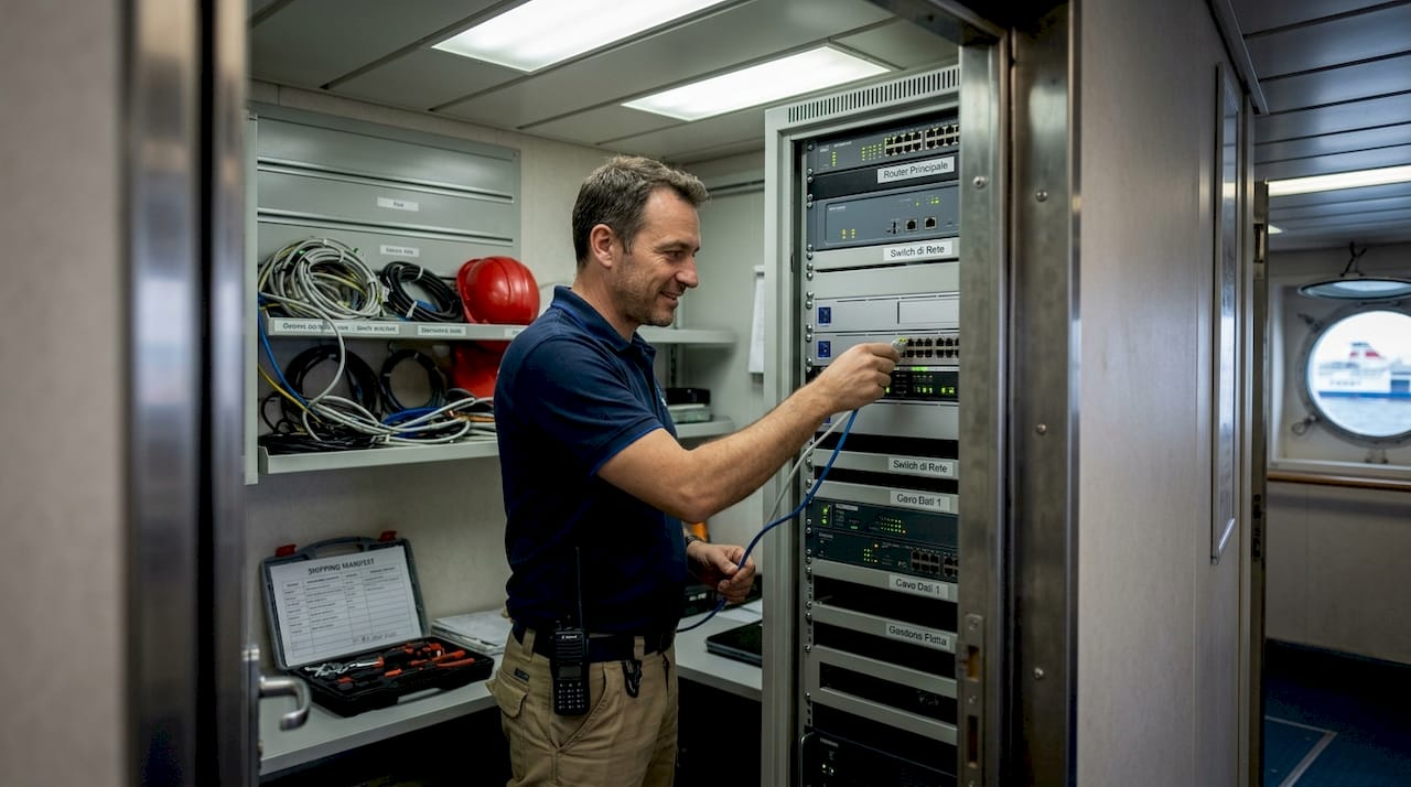 Tecnico al lavoro sulla configurazione di un sistema di rete ibrida per applicazioni marittime