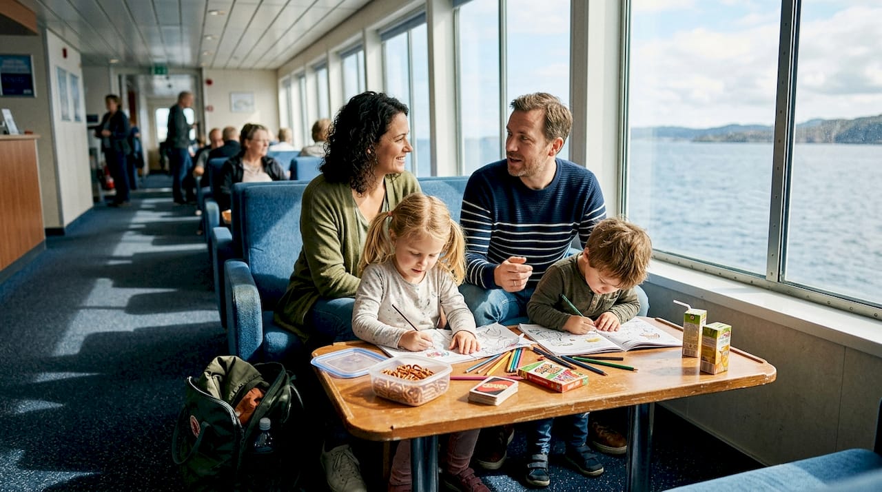Eine Familie verbringt gemeinsam eine unterhaltsame Zeit in der Lounge der Fähre.