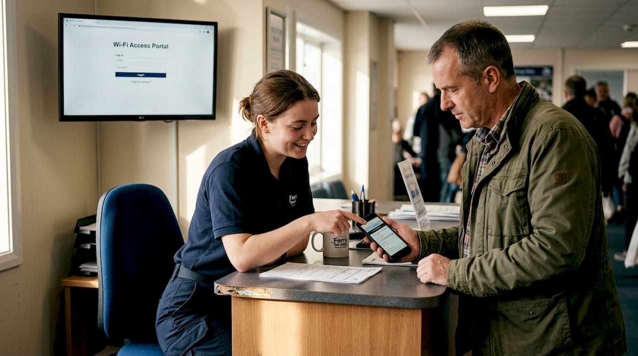 Ferry worker helps passenger with Wi-Fi portal