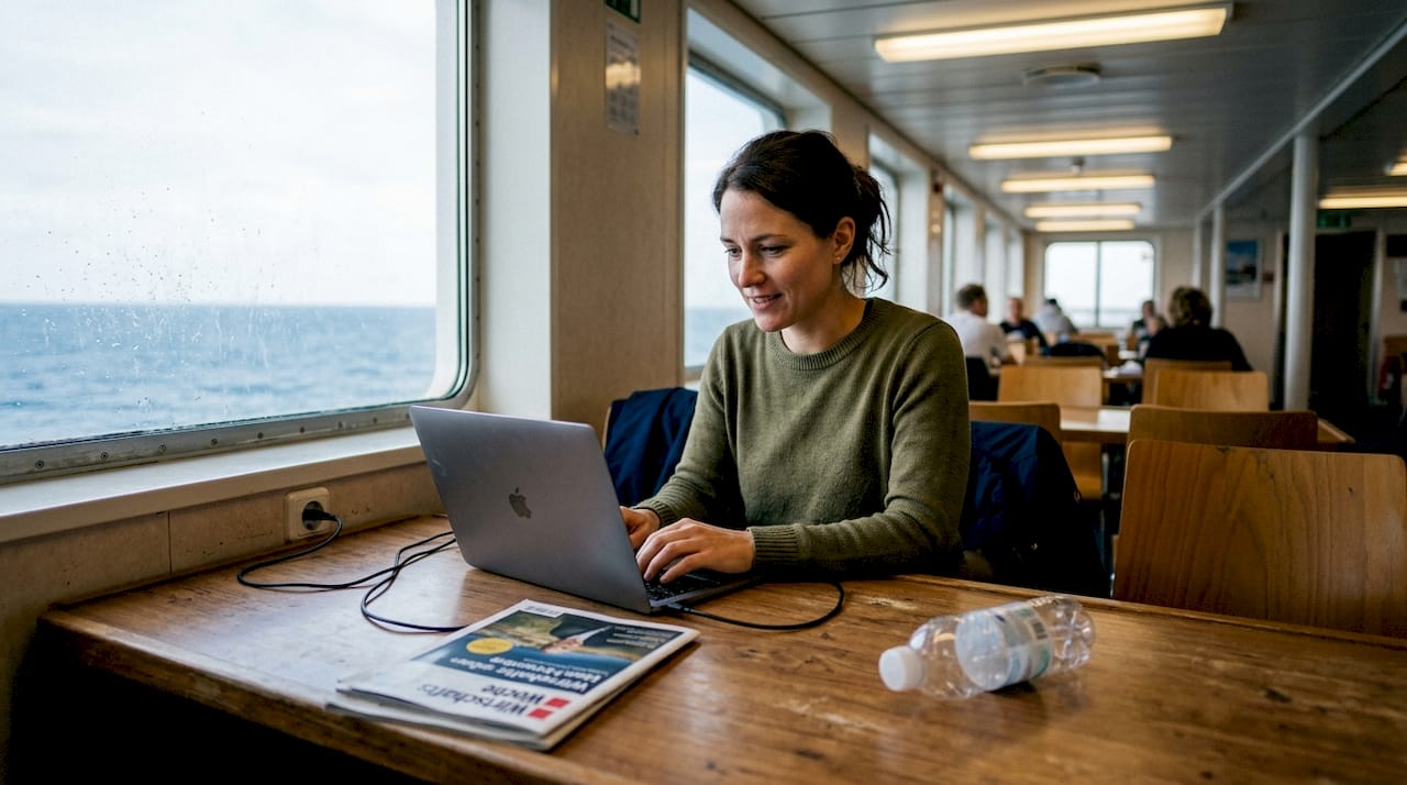 Eine Frau sitzt in der Lounge einer Fähre und arbeitet an ihrem Laptop.