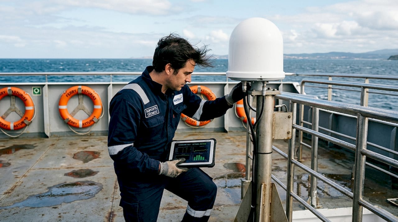 Especialista realizando el mantenimiento de la antena parabólica a bordo de un ferry