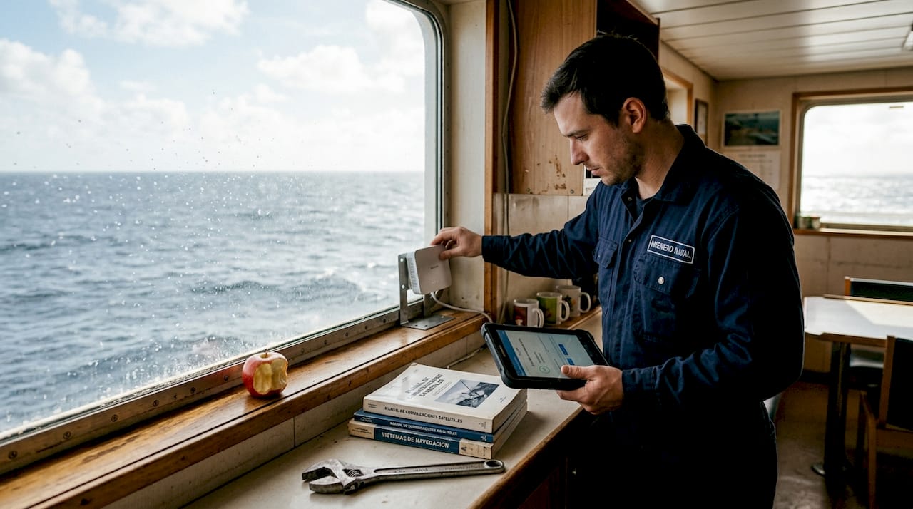 Un ingeniero revisa el router wifi a bordo del barco.