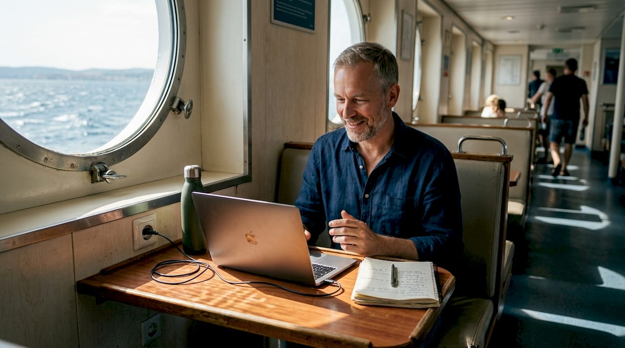 Geschäftsmann hält während der Fährüberfahrt eine Videokonferenz ab