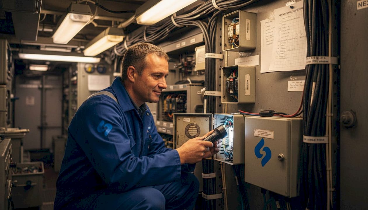 Un technicien procède à l’inspection d’une ancienne salle réseau sur un ferry.