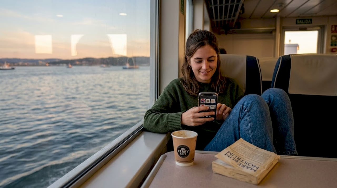 Una pasajera aprovecha el Wi-Fi del ferry para escuchar radio digital durante su viaje.