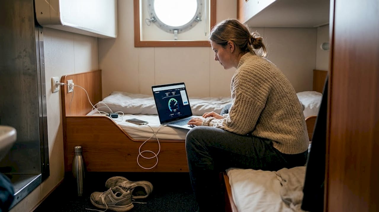 Woman checking Wi-Fi speed on ship cabin laptop