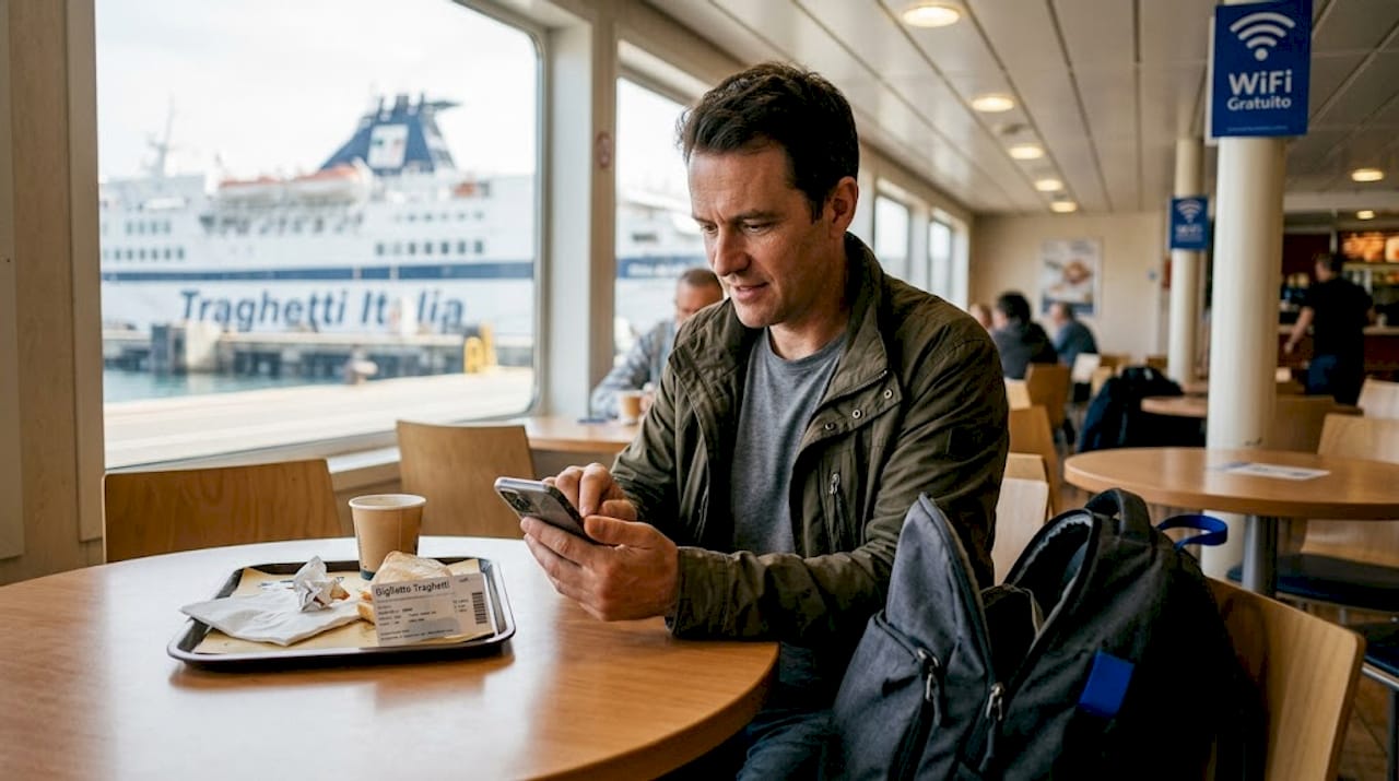 Un uomo che, mentre è in viaggio, sistema le impostazioni della VPN sul suo smartphone per navigare in sicurezza.